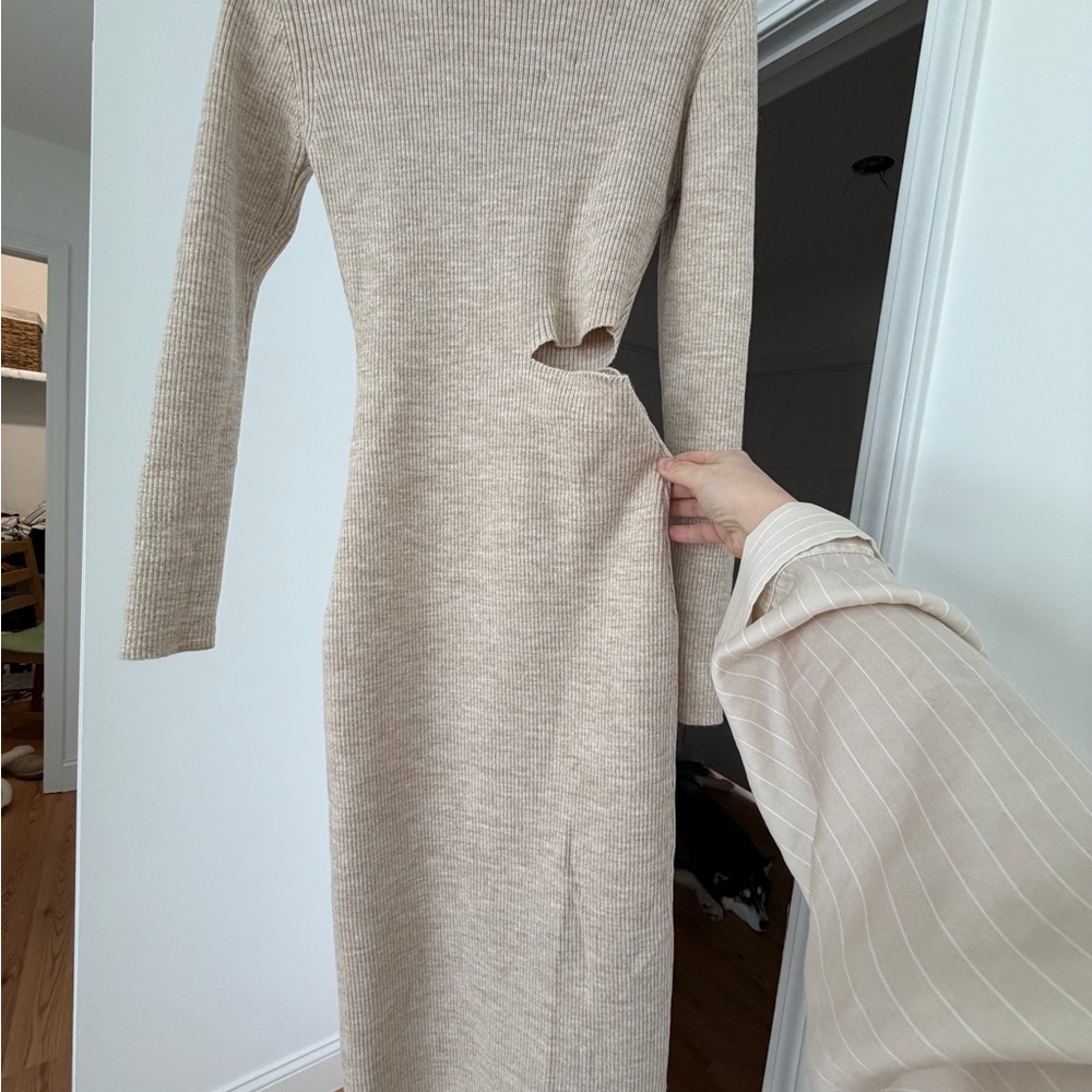 Chic Beige Long Sleeve Knit Dress